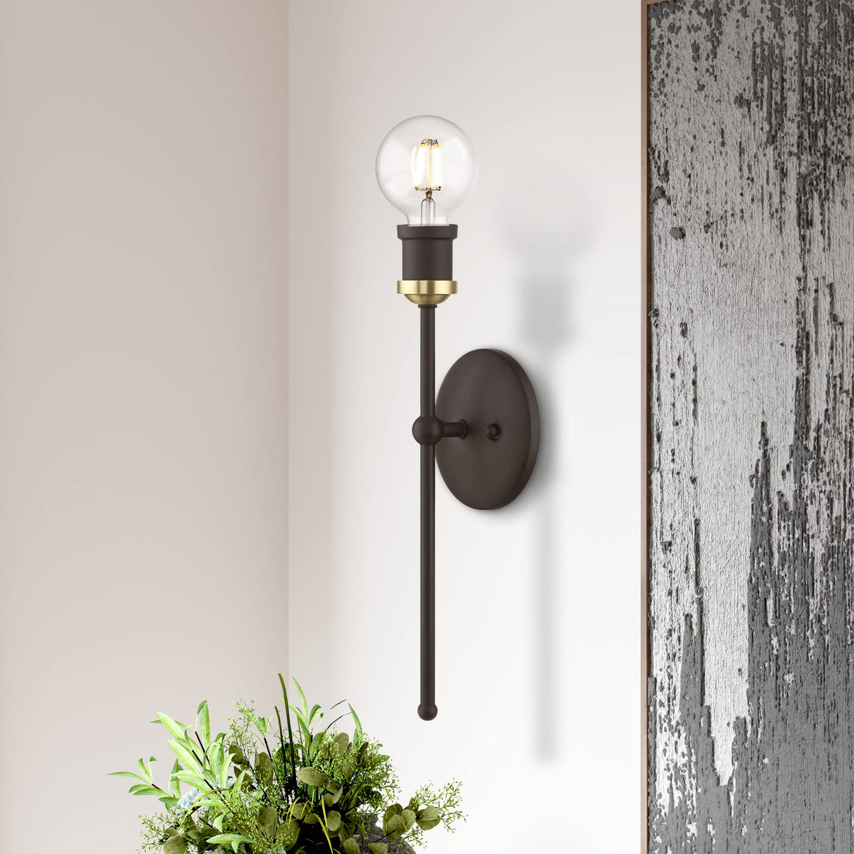 Livex Lighting 14421-07 Lansdale 1 Light ADA Single Sconce, Bronze with Antique Brass Accents