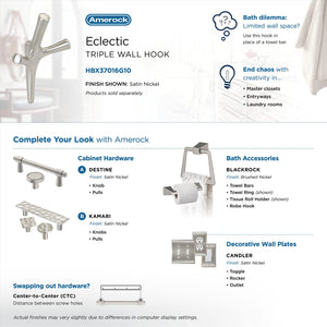 Amerock HBX37016G10 Kodiak Triple Prong Decorative Wall Hook Satin Nickel Hook for Coats, Hats, Backpacks, Bags Hooks for Bathroom, Bedroom, Closet, Entryway, Laundry Room, Office
