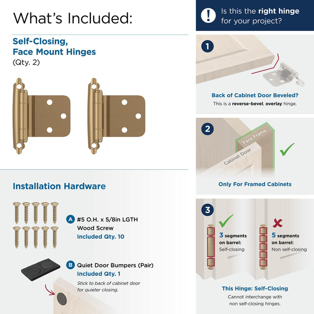 Amerock BPR7630CZ Reverse Bevel Face Frame Cabinet Hinge Variable Overlay Self Closing Face Mount Champagne Bronze Kitchen Cabinet Door Hinge 1 Pair/2 Pack Functional Hardware