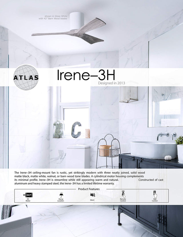 Matthews Fan IR3H-WH-BK-60 Irene-3H three-blade flush mount paddle fan in Gloss White finish with 60” solid matte black wood blades. 