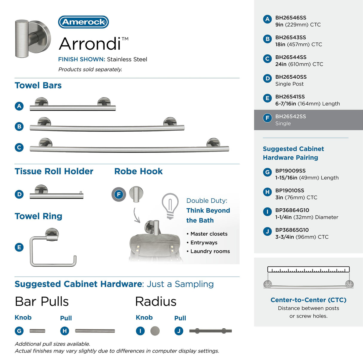 Amerock BH26542SS Stainless Steel Single Robe Hook 2-1/4 in. (57 mm) Length Towel Holder Arrondi Towel Hook for Bathroom Bathroom Hardware Bath Accessories