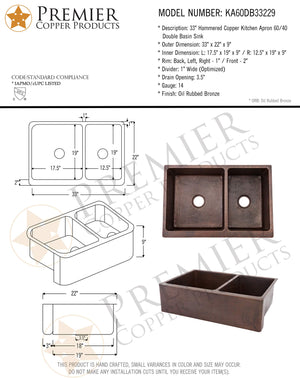 Premier Copper Products KA60DB33229 33-Inch Hammered Copper Kitchen Apron 60/40 Double Basin Sink, Oil Rubbed Bronze