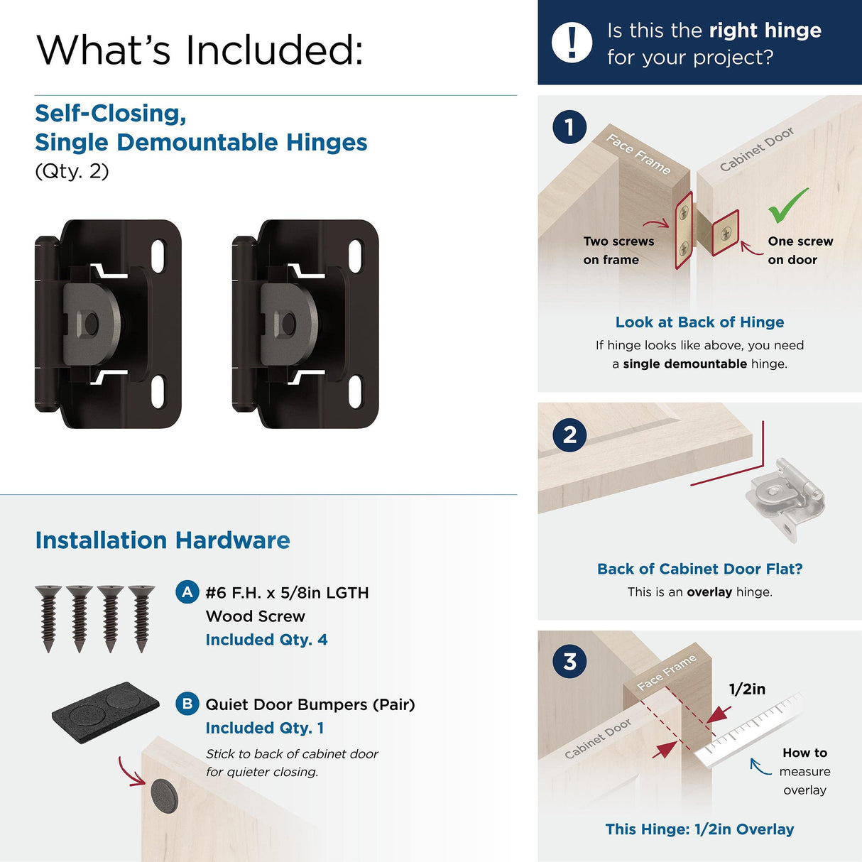 Amerock Single Demountable Cabinet Hinge 1/2 inch (13 mm) Overlay Hinge Oil Rubbed Bronze 2 Pack Self-Closing Hinge Cabinet Door Hinge