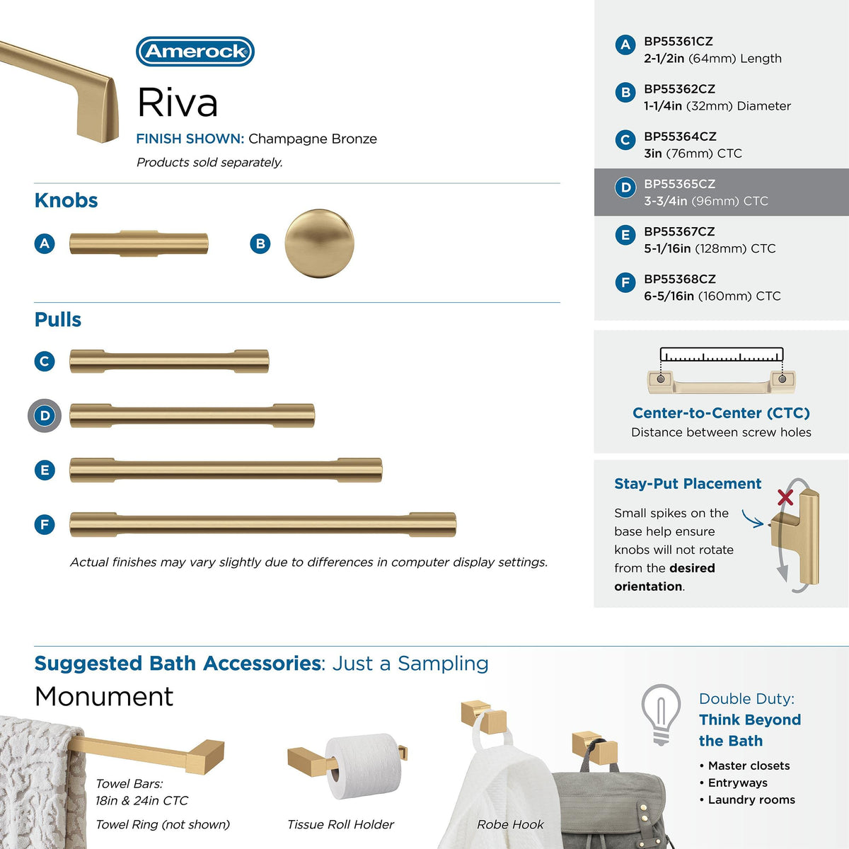 Amerock Cabinet Pull Champagne Bronze 3-3/4 in (96 mm) Center-to-Center Drawer Pull Riva Kitchen and Bath Hardware Furniture Hardware