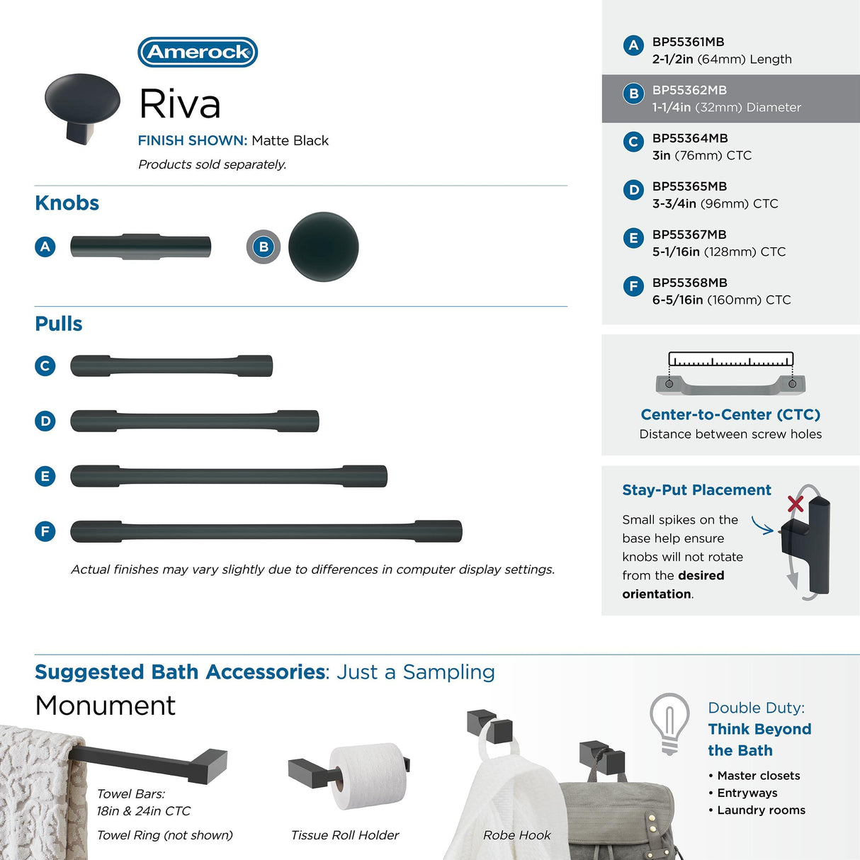 Amerock Cabinet Knob Matte Black 1-1/4 inch (32 mm) Diameter Riva 1 Pack Drawer Knob Cabinet Hardware
