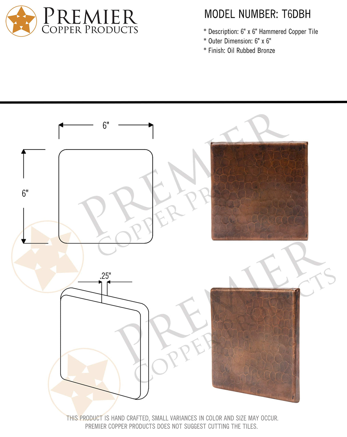 Premier Copper Products T6DBH 6-Inch by 6-Inch Hammered Copper Tile, Oil Rubbed Bronze