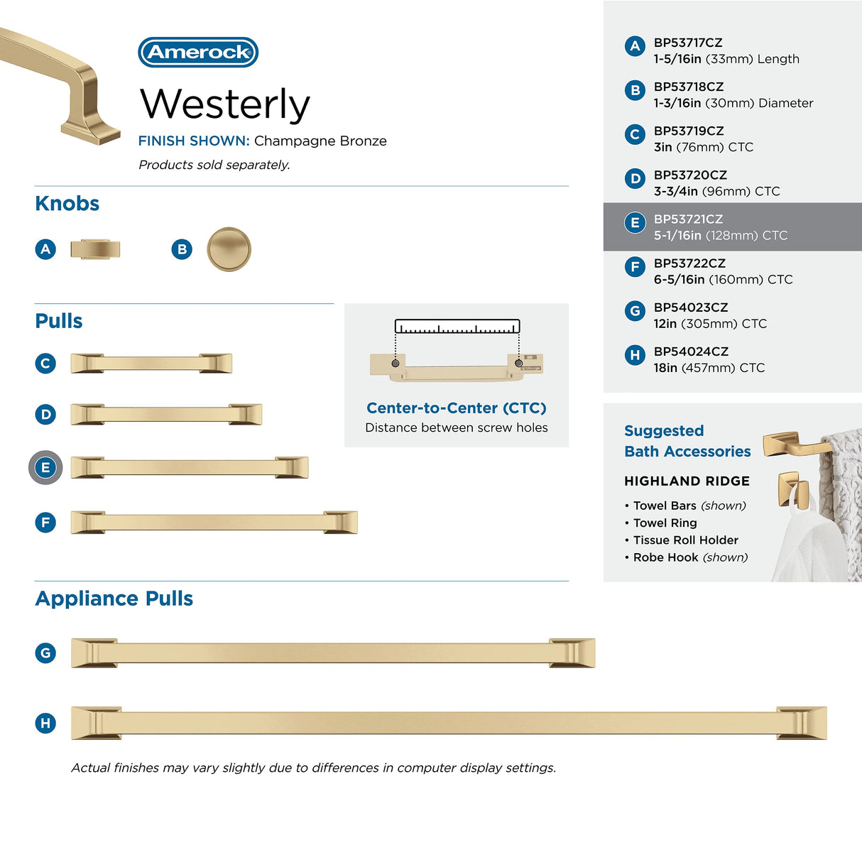 Amerock Cabinet Pull Champagne Bronze 5-1/16 in (128 mm) Center-to-Center Drawer Pull Westerly Kitchen and Bath Hardware Furniture Hardware