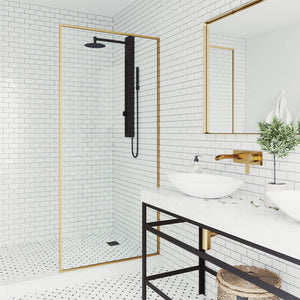 VIGO 34" W x 74" H Meridian Framed Fixed Rectangle Shower Screen with Clear Tempered Glass, Door Handle and Stainless Steel Hardware in Matte Brushed Gold-VG6077MGCL3474