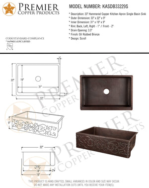 Premier Copper Products KASDB33229S 33-Inch Hammered Copper Kitchen Apron Single Basin Sink with Scroll Design, Oil Rubbed Bronze