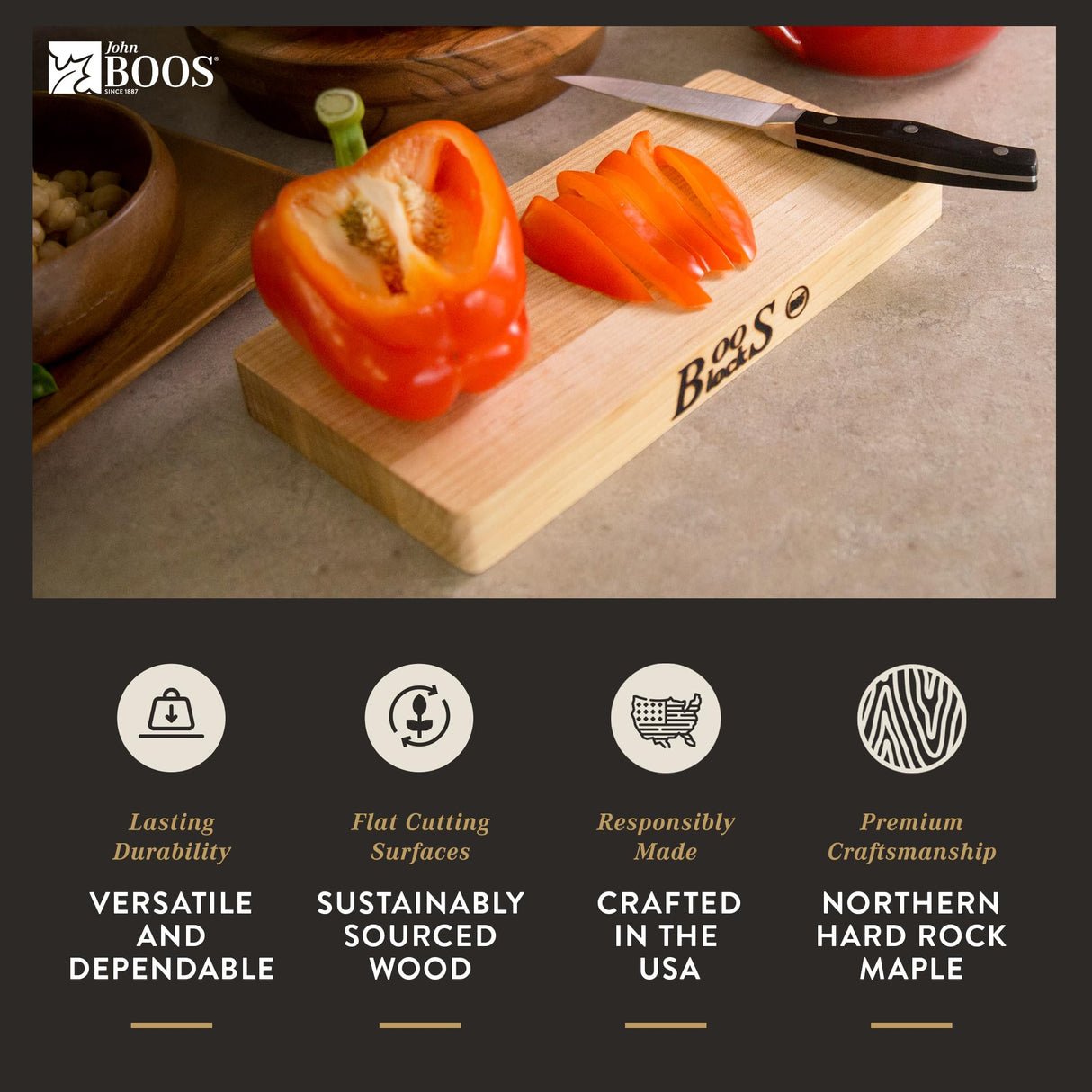 John Boos Chop-N-Slice Maple Wood Cutting Board for Kitchen Prep, 1" Thick, Small, Edge Grain, Rectangle Charcuterie Boos Block, 16" x 10", Reversible