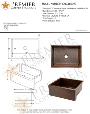 Premier Copper Products KASDB30229 30-Inch Copper Hammered Kitchen Apron Single Basin Sink, Oil Rubbed Bronze