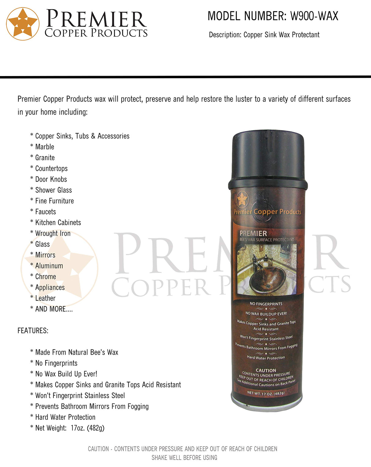 Premier Copper Products W900-WAX Copper Sink Wax Protectant, Clear