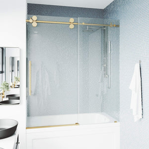 VIGO Adjustable 56-60 in. W x 66 in. H Elan Frameless Sliding Rectangle Tub Door with Clear Tempered Glass and Stainless Steel Hardware in Matte Gold Finish with Reversible Handle - VG6041MGCL6066