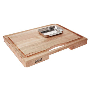 John Boos PM2418225-P Newton Prep Master Large Maple Wood Cutting Board for Kitchen, 24 Inches x 18 Inches, 2.25 Thick Reversible Edge Grain with Juice Groove & Stainless Pan 24X18X2.25 MPL-EDGE GR-PREP MSTR II