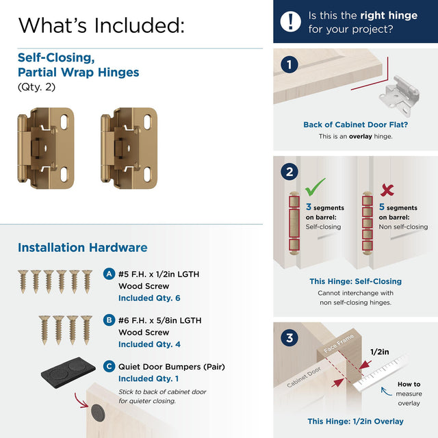 Amerock BPR7550CZ Cabinet Hinge 1/2 in (13 mm) Overlay Self Closing Partial Wrap Champagne Bronze Kitchen Cabinet Door Hinge 1 Pair/2 Pack Functional Hardware