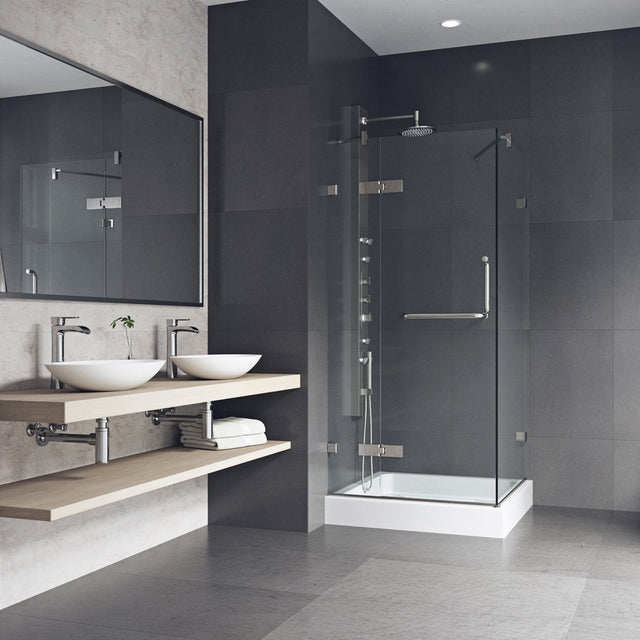 VIGO 36 in. x 36 in. x 79 in. Monteray Frameless Hinged Square Shower Enclosure with Clear 0.38" Tempered Glass and Hardware in Brushed Nickel Finish with Reversible Handle and Base - VG6011BNCL363W