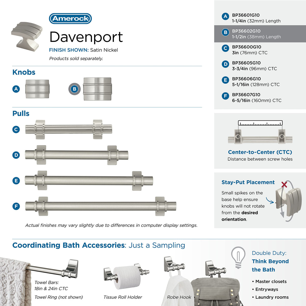 Amerock Cabinet Knob Satin Nickel 1-1/2 inch (38 mm) Length Davenport 1 Pack Drawer Knob Cabinet Hardware