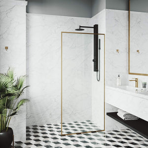 VIGO 34" W x 74" H Meridian Framed Fixed Rectangle Shower Screen with Clear Tempered Glass, Door Handle and Stainless Steel Hardware in Matte Brushed Gold-VG6077MGCL3474