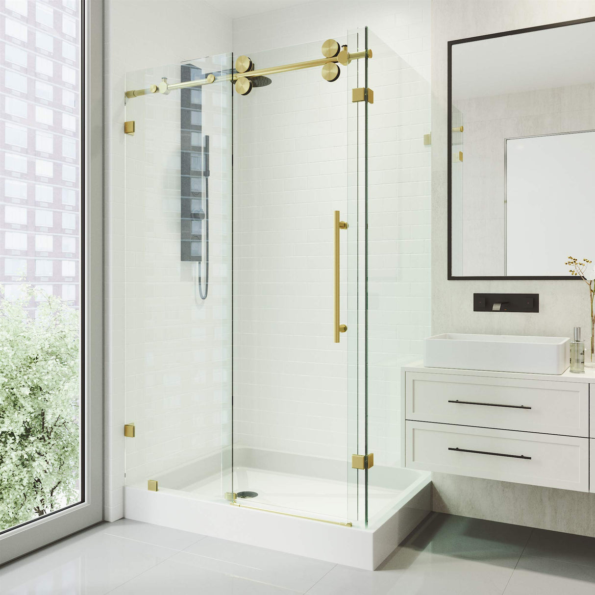 VIGO 48"W x 80"H Winslow Frameless Sliding Rectangle Shower Enclosure with Clear Tempered Glass, Right Door Handle and Stainless Steel Hardware in Matte Brushed Gold and Left Base-VG6051MGCL48WL