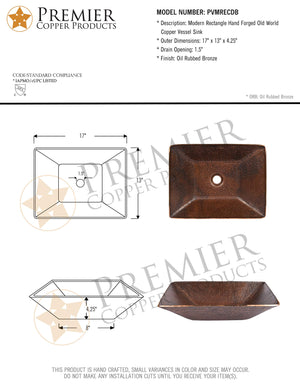 Premier Copper Products PVMRECDB 17-Inch Modern Rectangle Hand Forged Old World Copper Vessel Sink
