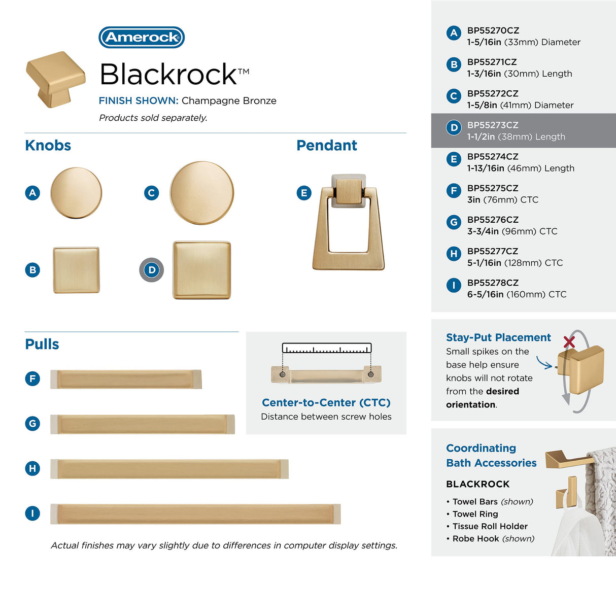Amerock Cabinet Knob Champagne Bronze 1-1/2 inch (38 mm) Length Blackrock 1 Pack Drawer Knob Cabinet Hardware