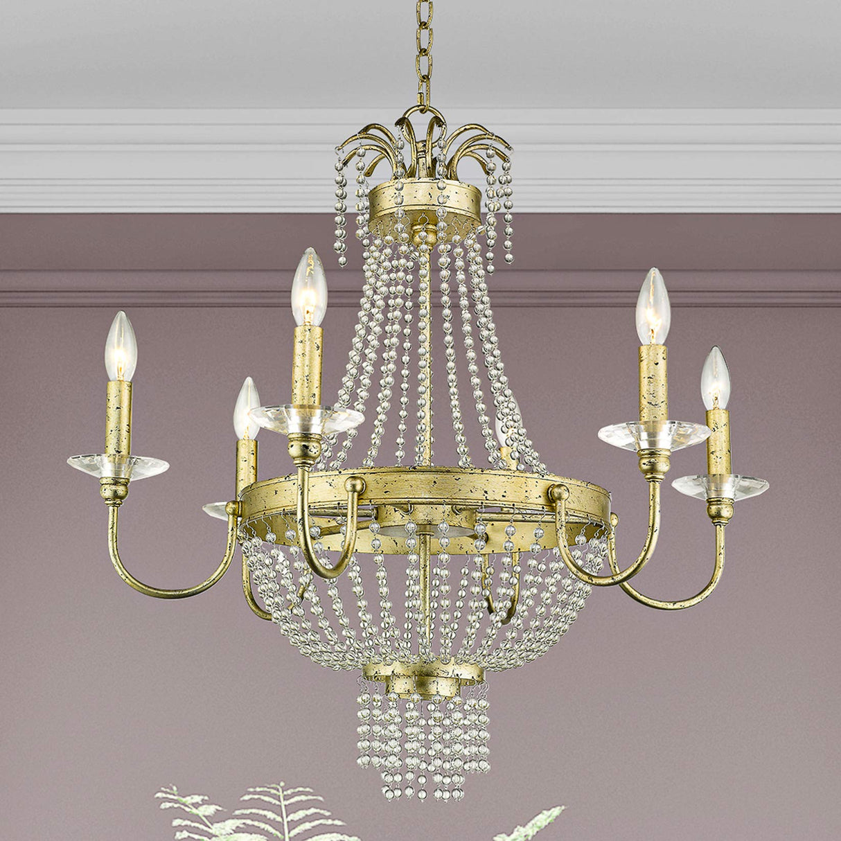 Livex Lighting 51846-28 Crystal Six Light Chandelier from Valentina Collection, Champ, Gld Leaf Finish, Hand Applied Winter Gold