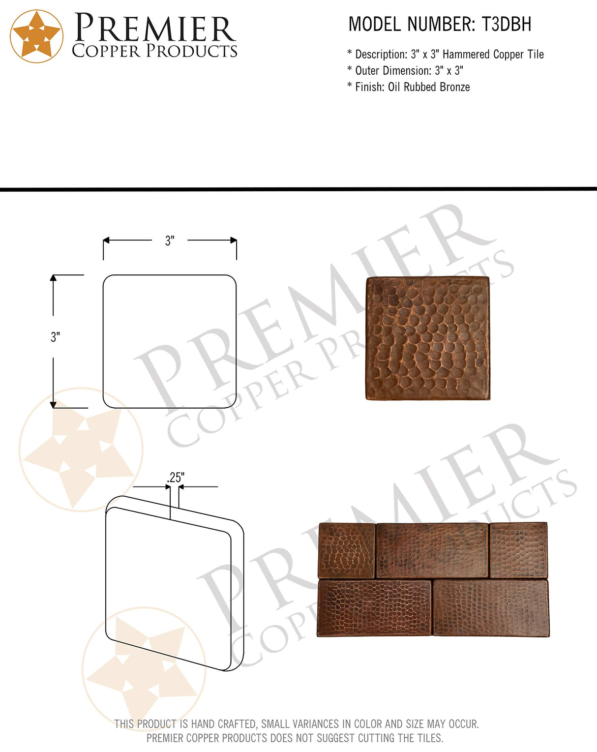 Premier Copper Products T3DBH 3-Inch x 3-Inch Hammered Copper Tile