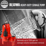 Red Lion RL50WA 115 Volt, 1/2 HP, 7200 GPH Sewage Pump with Piggyback Tethered Switch and 20-Ft. Power Cord, Red, 14942663