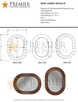 Premier Copper Products MFO3526-RI 35-Inch Hand Hammered Oval Copper Mirror with Hand Forged Rivets
