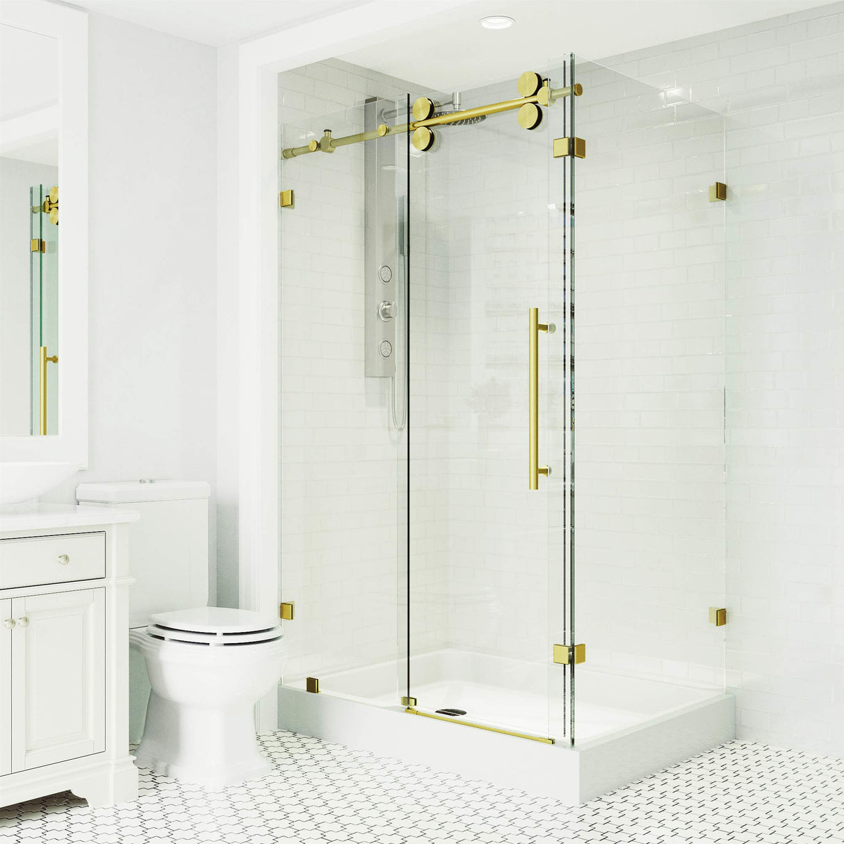 VIGO 48"W x 80"H Winslow Frameless Sliding Rectangle Shower Enclosure with Clear Tempered Glass, Right Door Handle and Stainless Steel Hardware in Matte Brushed Gold and Left Base-VG6051MGCL48WL