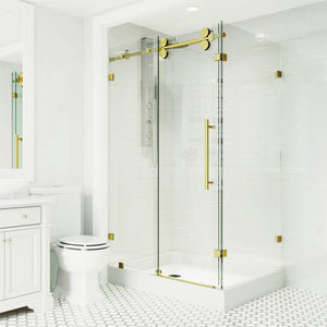VIGO 48"W x 80"H Winslow Frameless Sliding Rectangle Shower Enclosure with Clear Tempered Glass, Right Door Handle and Stainless Steel Hardware in Matte Brushed Gold and Left Base-VG6051MGCL48WL