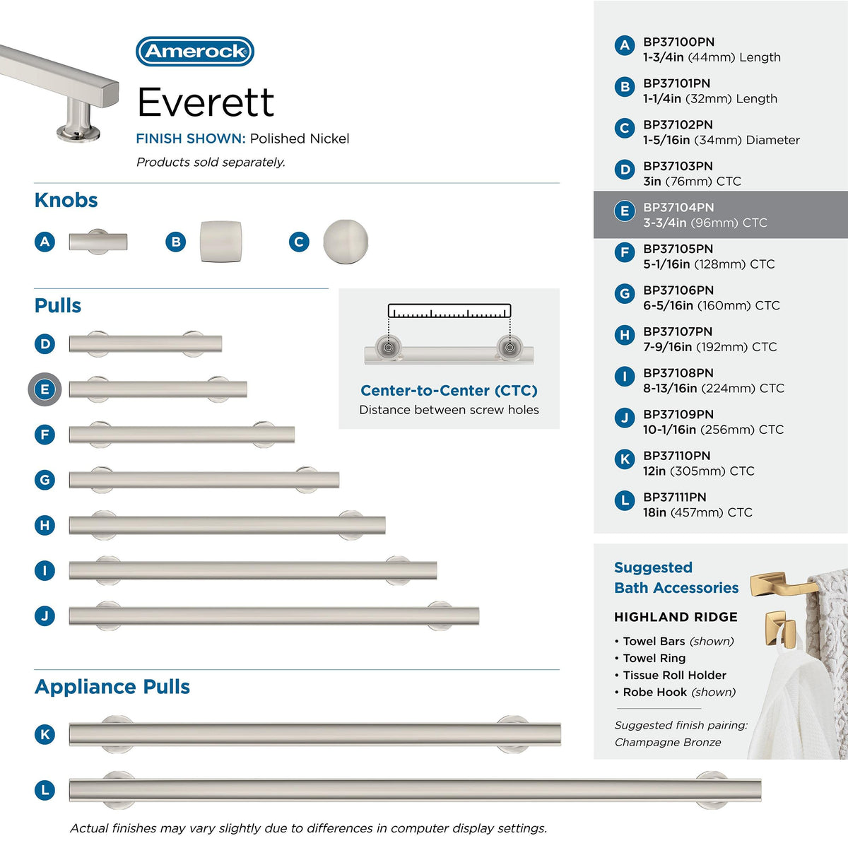 Amerock Corp BP37104PN Everett Pull, 3-3/4 in (96 mm) Center-to-Center, Polished Nickel
