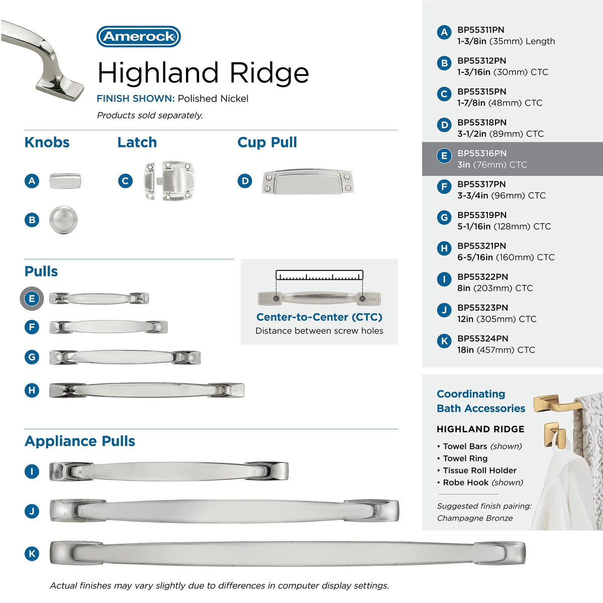 Amerock Cabinet Pull Polished Nickel 3 inch (76 mm) Center to Center Highland Ridge 1 Pack Drawer Pull Drawer Handle Cabinet Hardware