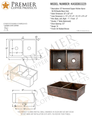 Premier Copper Products KA50DB33229 33-Inch Hammered Copper Kitchen Apron 50/50 Double Basin Sink, Oil Rubbed Bronze