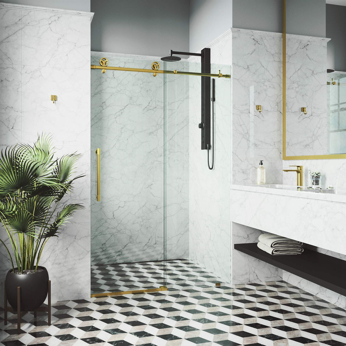 VIGO Adjustable 56-60"W x 76"H Elan Cass Aerodynamic Frameless Sliding Shower Door with Clear Tempered Glass, Reversible Door Handle and Stainless Steel Hardware in Matte Brushed Gold-VG6044MGCL6076