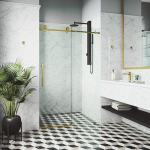VIGO Adjustable 56-60"W x 76"H Elan Cass Aerodynamic Frameless Sliding Shower Door with Clear Tempered Glass, Reversible Door Handle and Stainless Steel Hardware in Matte Brushed Gold-VG6044MGCL6076