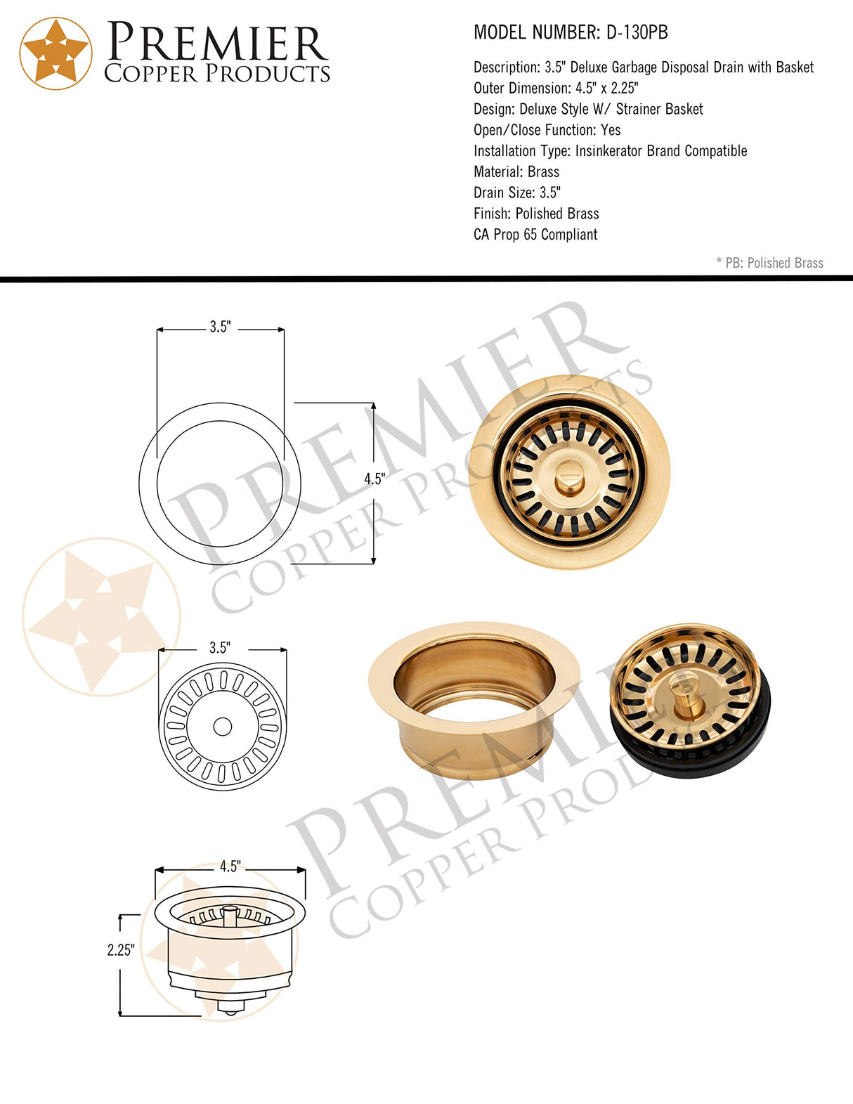 Premier Copper Products D-130PB 3.5-Inch Deluxe Garbage Disposal Drain w/Basket, Polished Brass