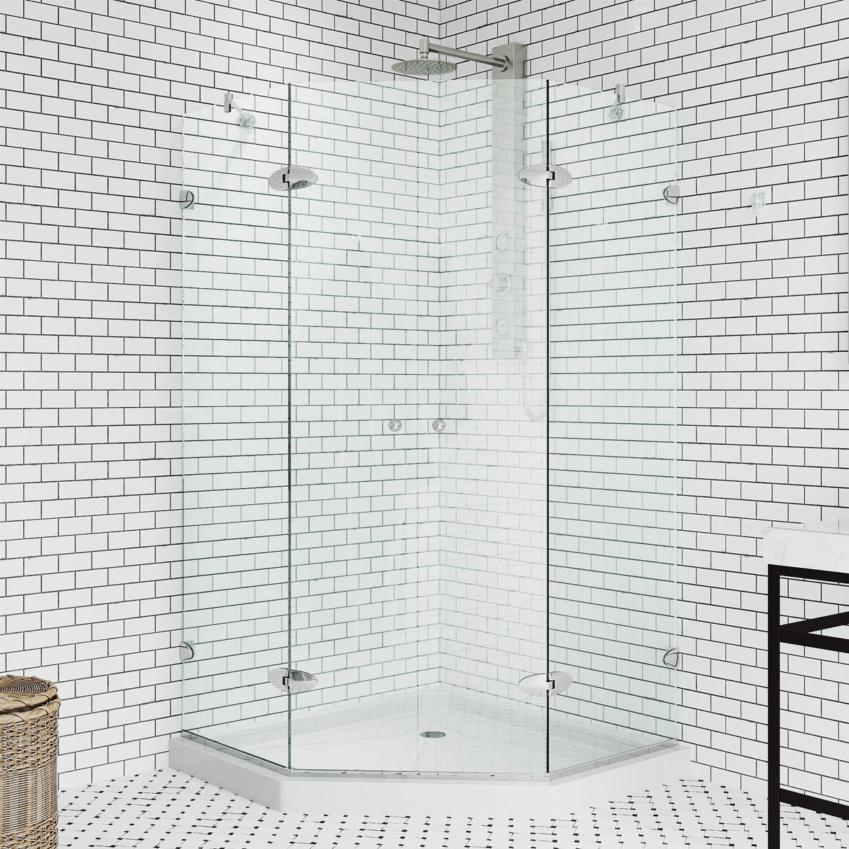 VIGO VG6063CHCL42WS 42.0" -42.0" W -76.75" H Frameless Hinged Neo-angle Shower Enclosure with Clear 0.38" Tempered Glass and Stainless Steel Hardware in Chrome Finish with Reversible Handle and Base