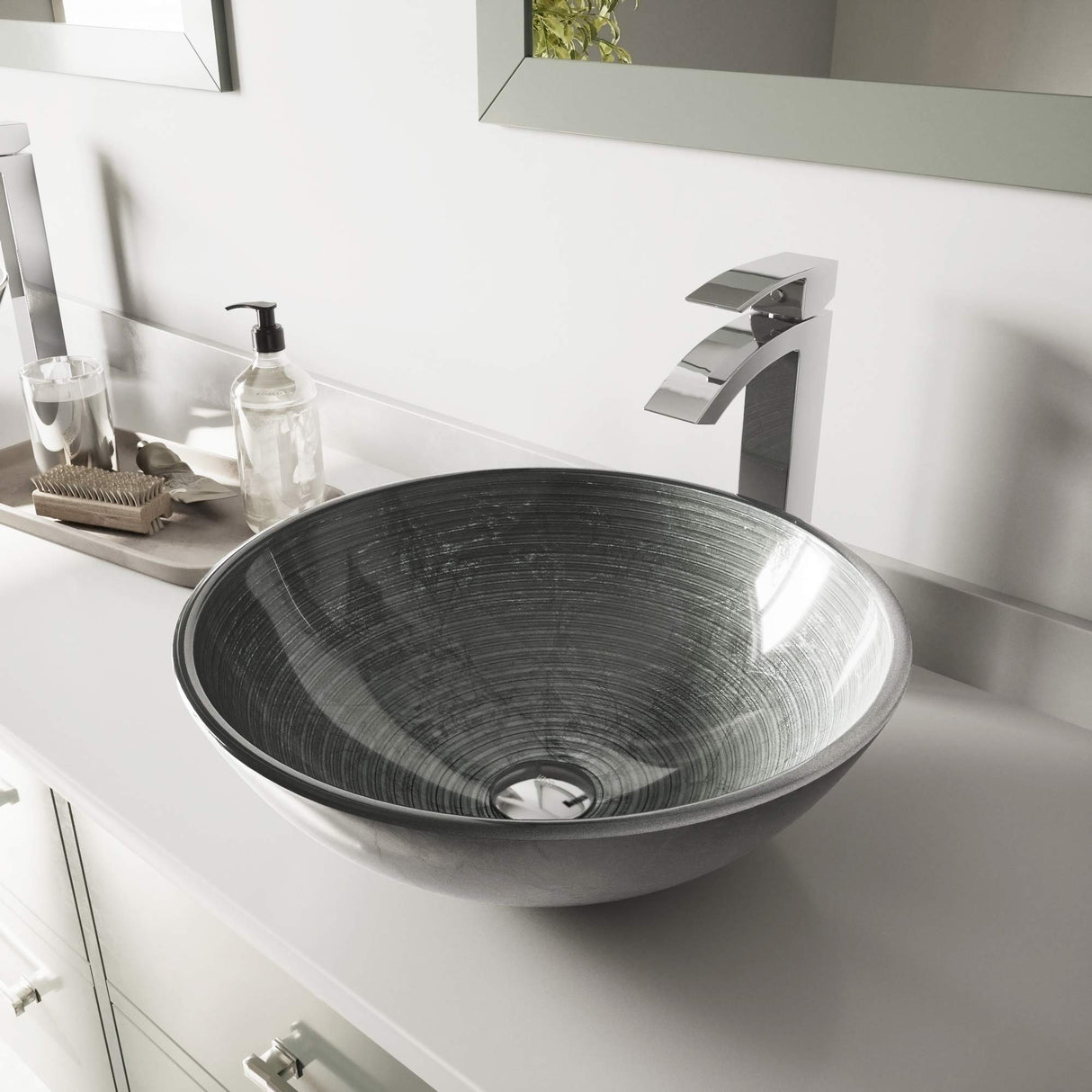 VIGO VGT836 16.5" L -16.5" W -12.0" H Handmade Glass Round Vessel Bathroom Sink Set in Simply Silver Finish with Chrome Single-Handle Single Hole Faucet and Pop Up Drain