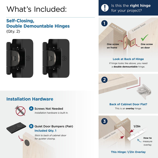 Amerock BPR8704FB Cabinet Hinge 1/2 in (13 mm) Overlay Double Demountable Matte Black Kitchen Cabinet Door Hinge 1 Pair/2 Pack Functional Hardware