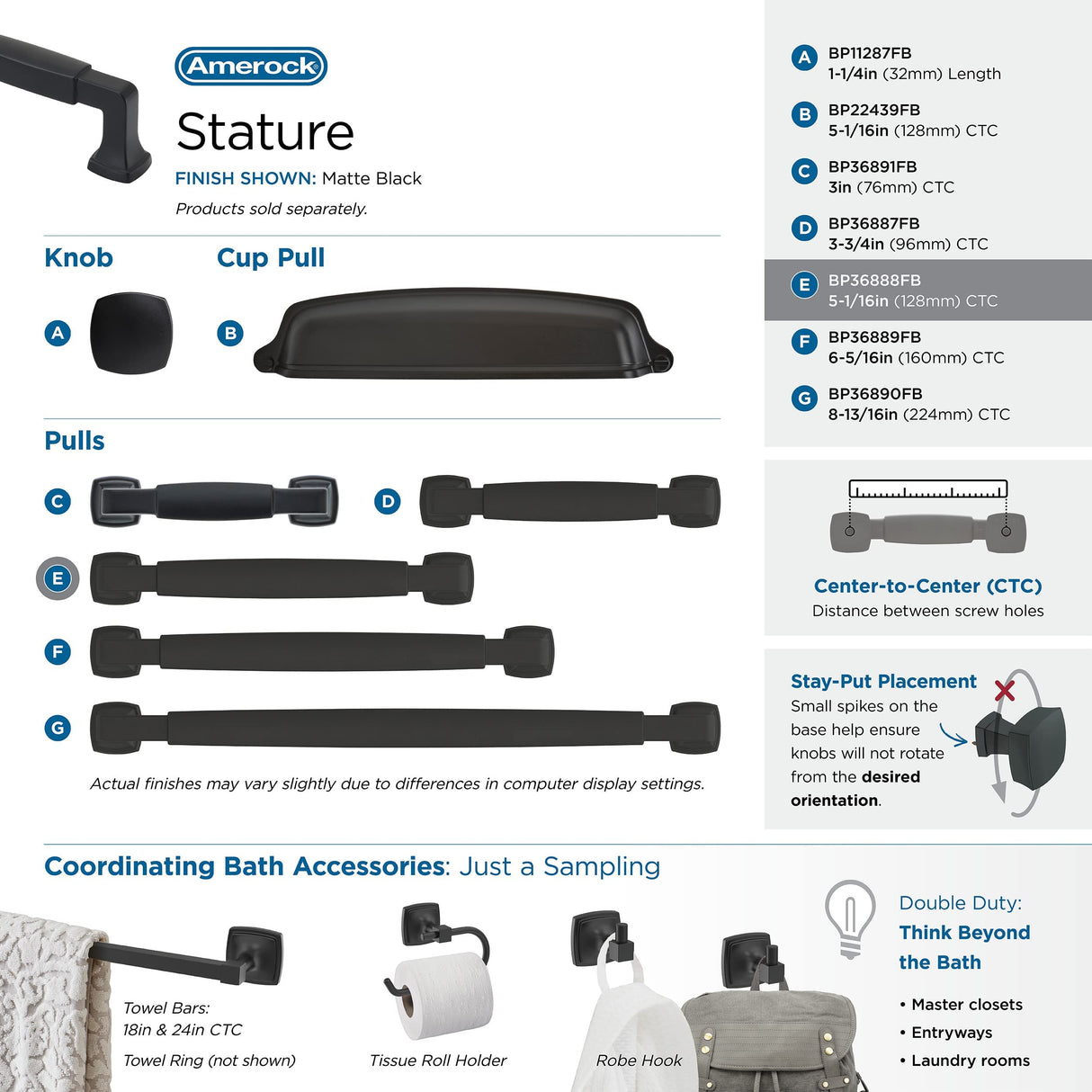 Amerock Cabinet Pull Matte Black 5-1/16 inch (128 mm) Center-to-Center Stature 1 Pack Drawer Pull Cabinet Handle Cabinet Hardware