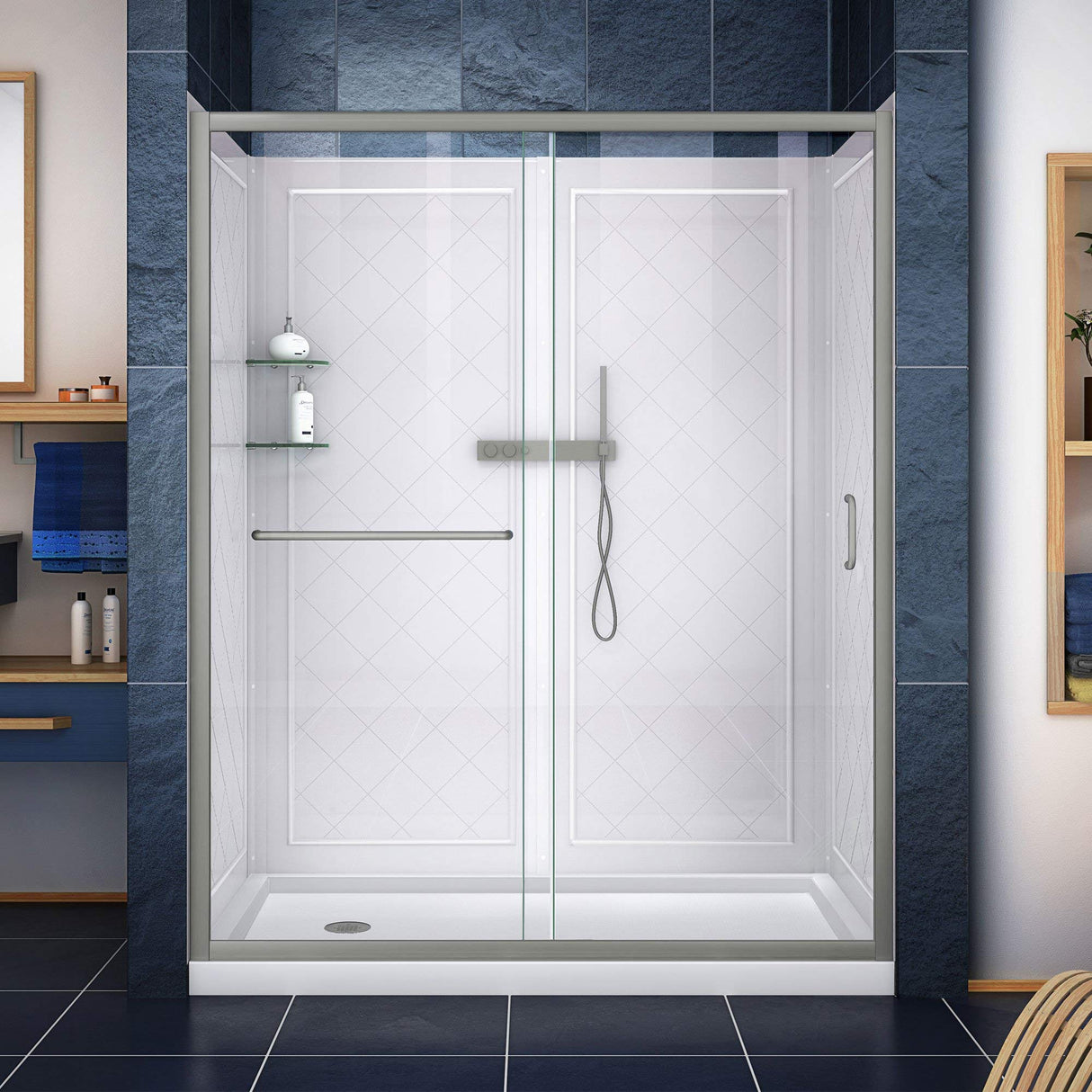 DreamLine Infinity-Z 30 in. D x 60 in. W x 76 3/4 in. H Clear Sliding Shower Door in Brushed Nickel, Left Drain Base and Backwalls, DL-6116L-04CL