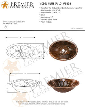 Premier Copper Products LO19FSBDB 19-Inch Oval Sunburst Under Mount Hammered Copper Sink, Oil Rubbed Bronze