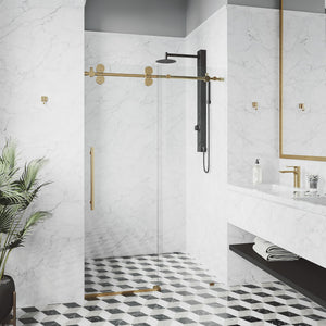 VIGO Adjustable 44-48" W x 74" H Elan Frameless Sliding Shower Door with Clear Tempered Glass, Reversible Handle in Matte Brushed Gold
