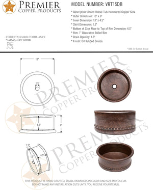 Premier Copper Products VRT15DB 15-Inch Round Vessel Tub Hammered Copper Sink
