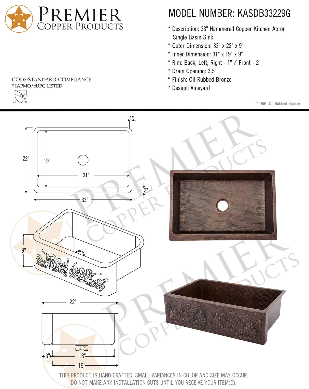 Premier Copper Products KASDB33229G 33-Inch Hammered Copper Kitchen Apron Single Basin Sink with Vineyard Design, Oil Rubbed Bronze