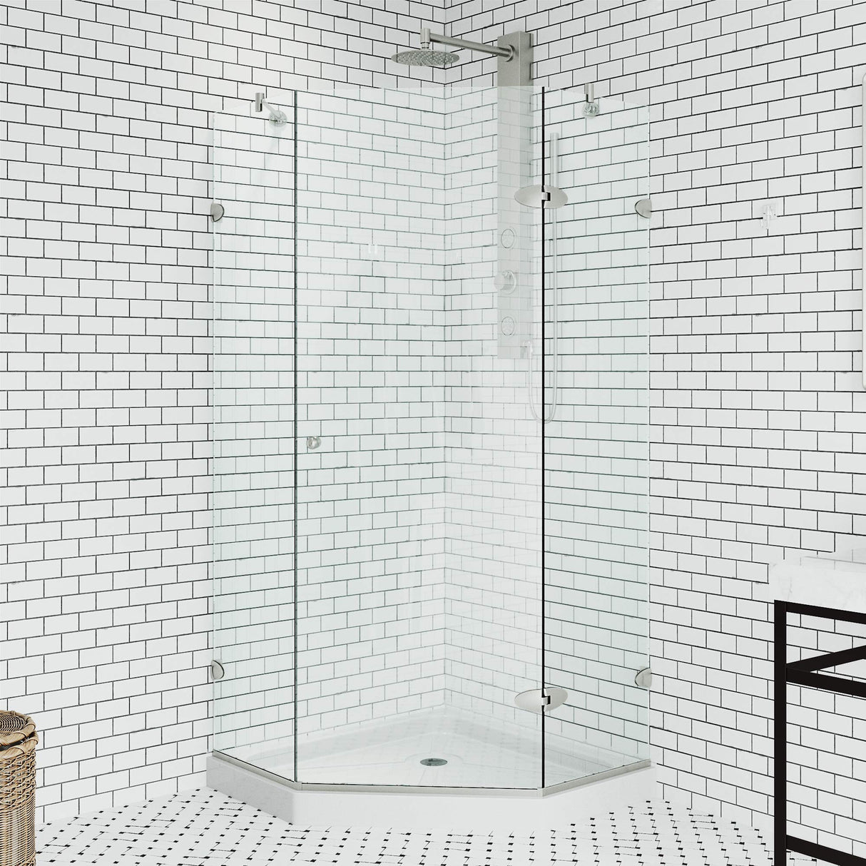 VIGO VG6061BNCL38WS 38.0" -38.13"W -76.75"H Frameless Hinged Neo-angle Shower Enclosure with Clear 0.38" Tempered Glass Stainless Steel Hardware in Brushed Nickel Finish, Reversible Handle and Base