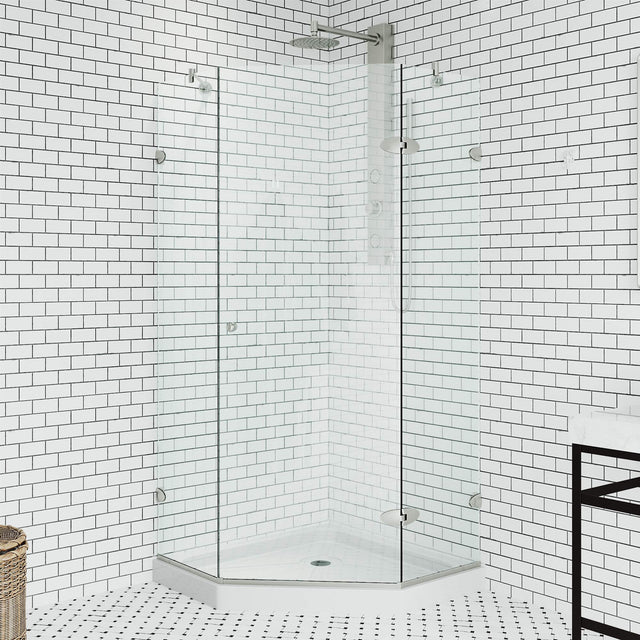 VIGO VG6061BNCL38WS 38.0" -38.13"W -76.75"H Frameless Hinged Neo-angle Shower Enclosure with Clear 0.38" Tempered Glass Stainless Steel Hardware in Brushed Nickel Finish, Reversible Handle and Base