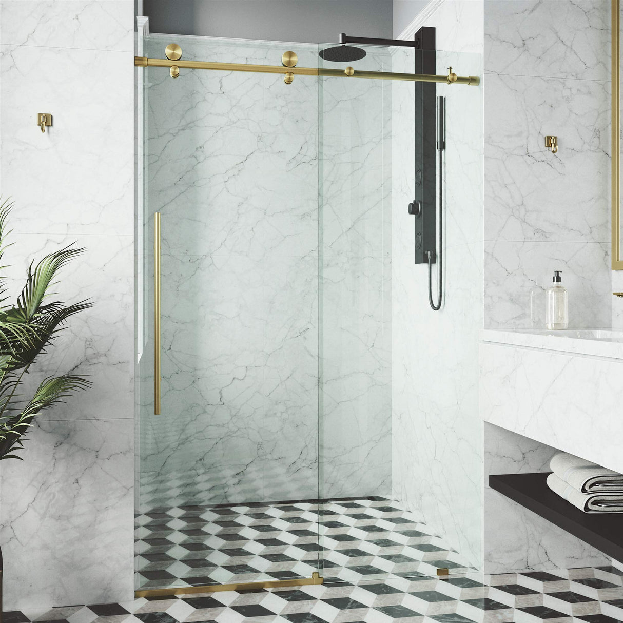 VIGO Adjustable 52-56"W x 76"H Elan E-Class Frameless Sliding Rectangle Shower Door with Clear Tempered Glass, Reversible Door Handle and Stainless Steel Hardware in Matte Brushed Gold-VG6021MGCL5676