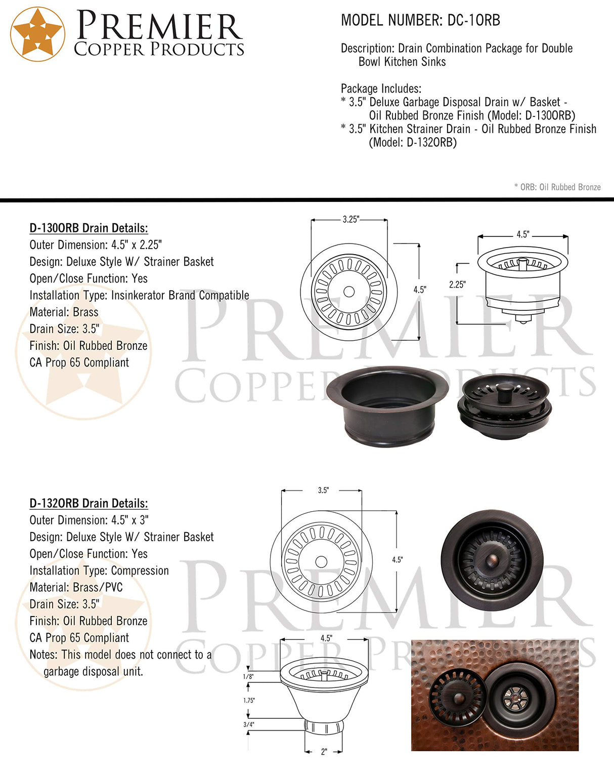 Premier Copper Products DC-1ORB Drain Combination Package for Double Bowl Kitchen Sinks, Oil Rubbed Bronze